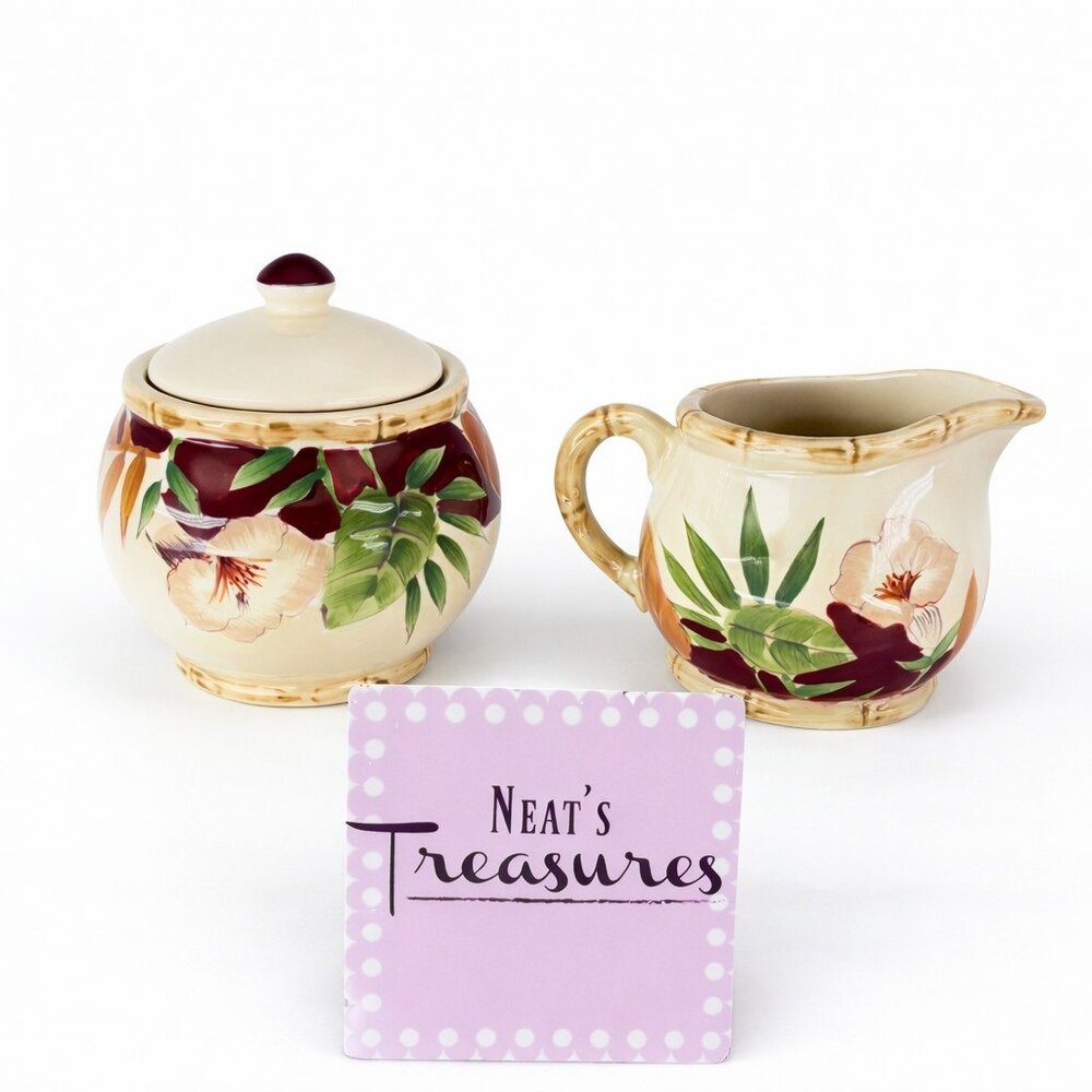 Home Trends HIBISCUS Bamboo Ferns Floral Red Lidded Sugar Bowl & Creamer Set